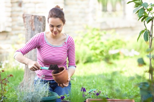 A woman in a pink and white striped long-sleeve top is tending to potted plants in a well-maintained garden, with a lush green lawn, flower beds, and a stone wall in the background. She is holding a small terracotta pot and appears to be planting or watering the plants, which include purple and green foliage. The garden features a mixture of natural grass, flower borders, and potted containers, with sunlight illuminating the scene on a clear day. This outdoor space exemplifies typical gardening and landscaping elements that a professional gardening service in Crouch End might maintain, highlighting the importance of detailed plant care and lawn upkeep within a pleasant residential garden setting.