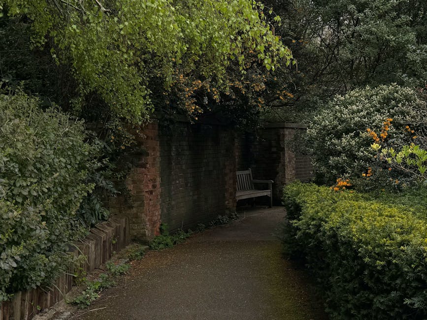 A narrow garden pathway flanked by dense green shrubbery and flowering bushes, including a white-flowered shrub on the right with orange blossoms. On the left, there is a low brick border with leafy p