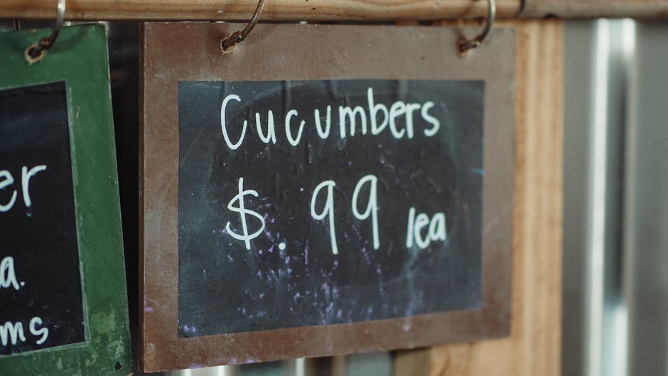 Close-up image of a black chalkboard sign with a wooden frame, displaying the handwritten message 'Cucumbers $0.99 each' in white chalk. The chalkboard is mounted outdoors on a wooden surface, with ot